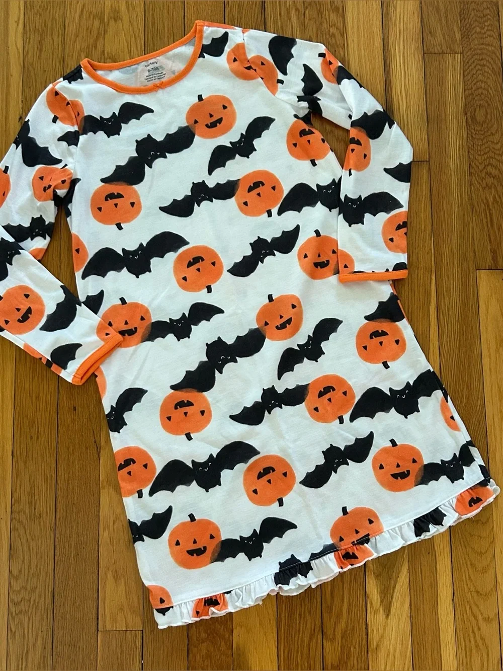 Kids Halloween Nightgown - Orange Pumpkin & Black Bat Print size 8-10